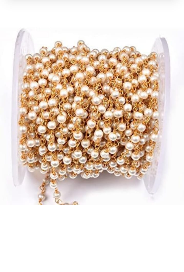 Beadsnfashion Fine Quality Glass Pearl Beads Aati Chain In Long Lasting Brass Wire 3 Mm For Jewelry Making, Embellishing Handbags, Garments And Diy Projects, Pack Of 5 Mtrs, White