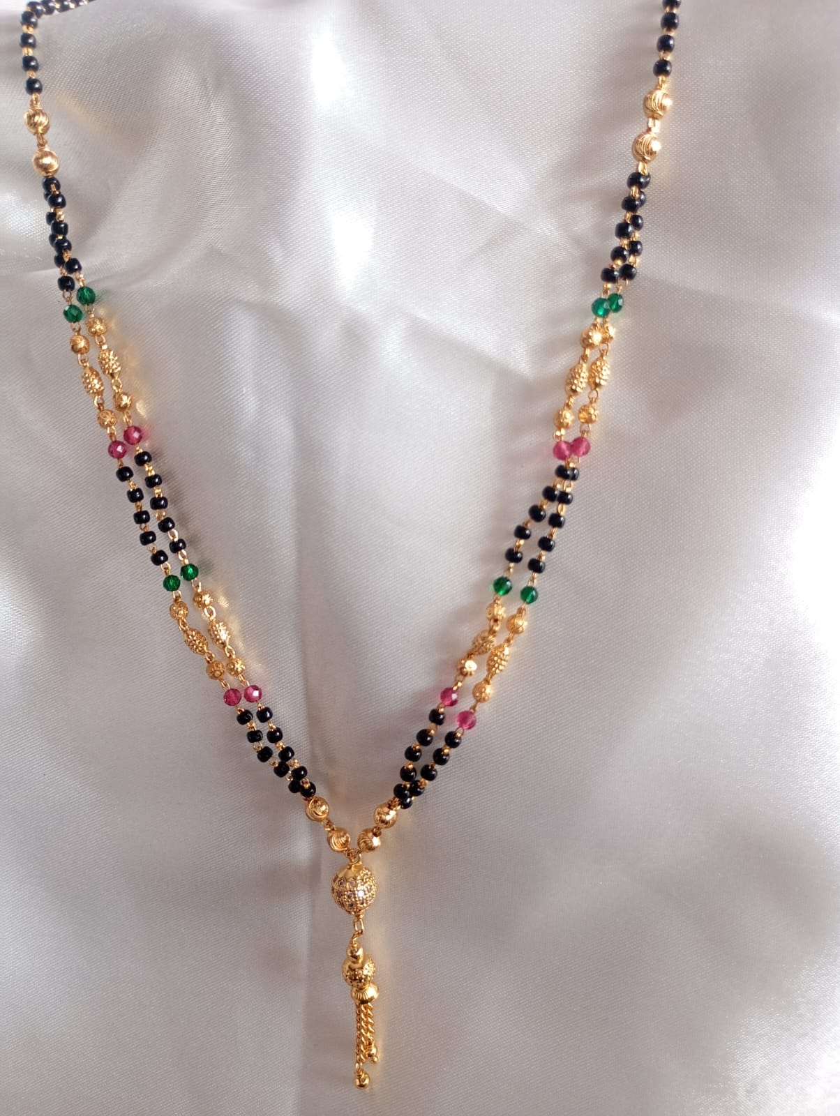 Black Bead Mangalsutra Necklace with Cubic Zirconia Teardrop Charms, Gold-Plated Brass, 18 Inches