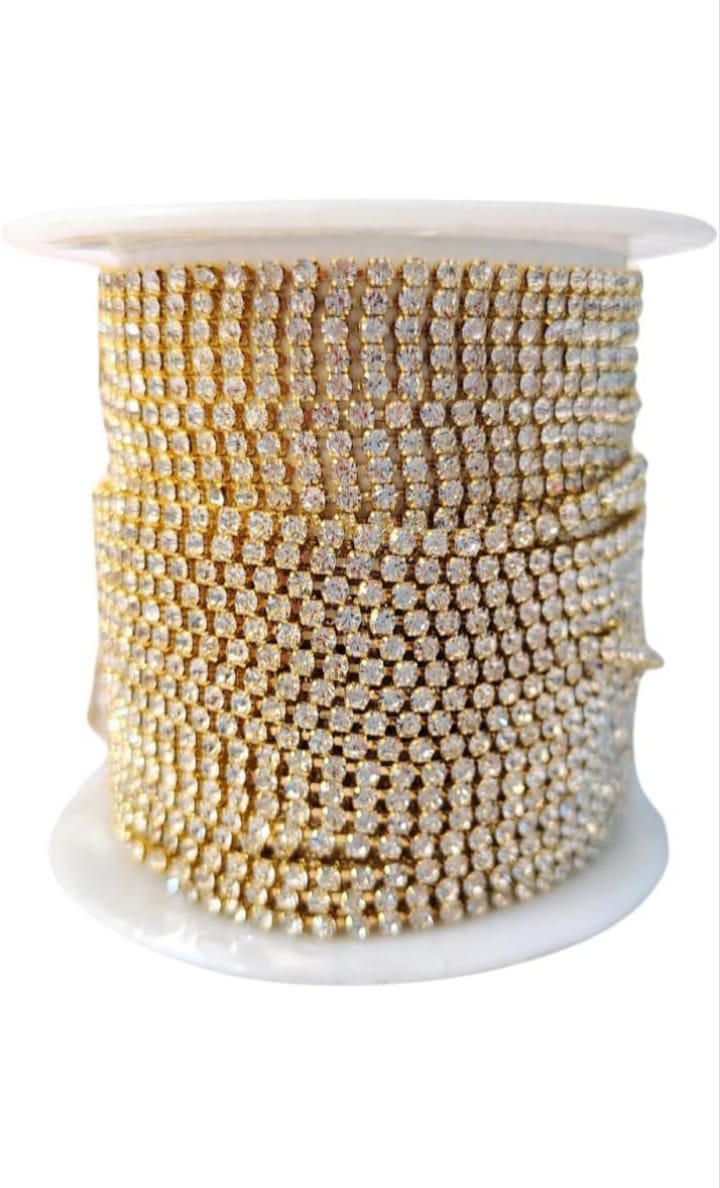Stone Chain White Stone/Gold Base 2mm Size - Jewellery Making, Maggam Work, Silk Thread Bangles, Aari Embroidery Work, for Saree and Lehanga (Pack of 5 Meters)